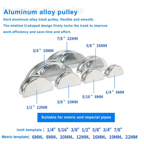 Aluminum alloy pulley set, various sizes marked, suitable for metric and imperial pipes, enhancing work efficiency.
