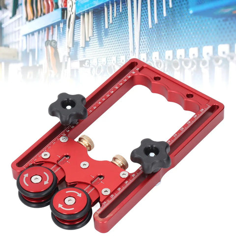 Badass One Way Bearing Stock Roller For Table Saw And Router Woodshop Kickback Blocker on red frame with measurement marks.