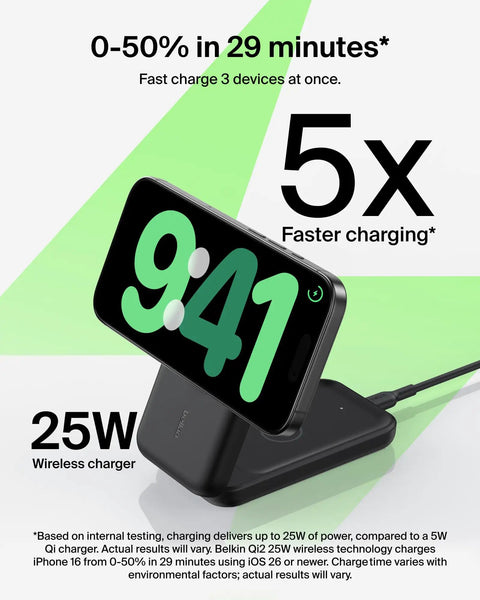 3 In 1 MagSafe Qi2.2 25W Magnetic Wireless Charger Dock With Foldable Charging Stand for iPhone showing fast charge