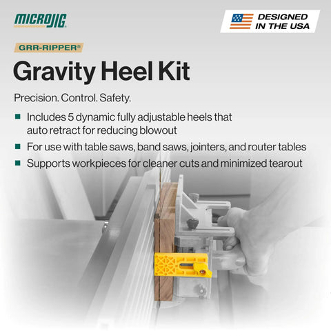 Gravity Heel Kit Pushblock Accessory For Table Saws And Jointers, auto retract system securing wood for precise cuts.