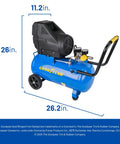 Kickass Oil Free Portable Air Compressor 8 Gallon Horizontal Tank 150 PSI Max Pressure shown with dimensions for easy setup.