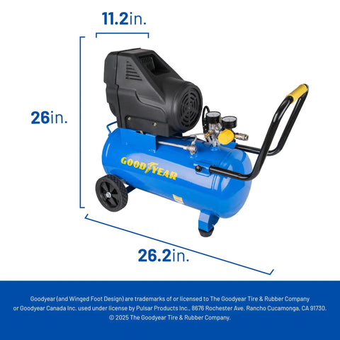 Kickass Oil Free Portable Air Compressor 8 Gallon Horizontal Tank 150 PSI Max Pressure shown with dimensions for easy setup.
