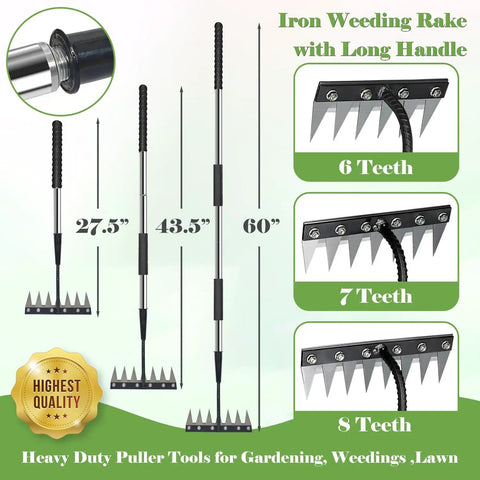 Adjustable Long Handle Garden Weeding Rake 27 To 60 Inches Heavy Duty 6 Teeth Manganese Steel Weeding Rake for lawns and farms