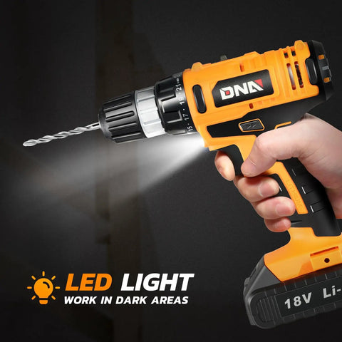18V Max Cordless Drill Driver Kit With 3/8 Inch Keyless Chuck, 21 Plus 1 Torque Settings, dual speed, LED Light, orange and black design