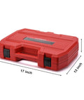 Red case for One Half Inch Drive Impact Socket Master Set With Seventy Pieces Includes SAE And Metric Sockets from Five Sixteenth to One and One Quarter Inch Shallow And Deep Sockets Ratchet Handle Extension Bar And Adapters Chrome Vanadium With Black Phosphate Finish, measuring 17x13x4 inches