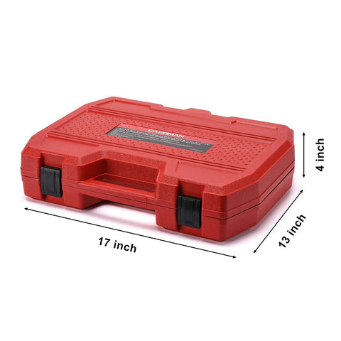 Red case for One Half Inch Drive Impact Socket Master Set With Seventy Pieces Includes SAE And Metric Sockets from Five Sixteenth to One and One Quarter Inch Shallow And Deep Sockets Ratchet Handle Extension Bar And Adapters Chrome Vanadium With Black Phosphate Finish, measuring 17x13x4 inches