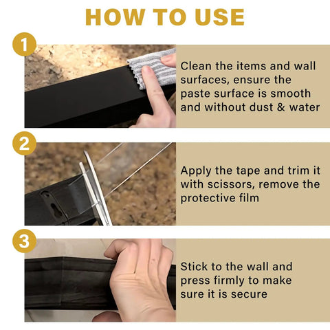 Instructions for Four Pack Double Sided Mounting Tape 1.2 Inch By 120 Inch, showing cleaning, application, and pressing steps.