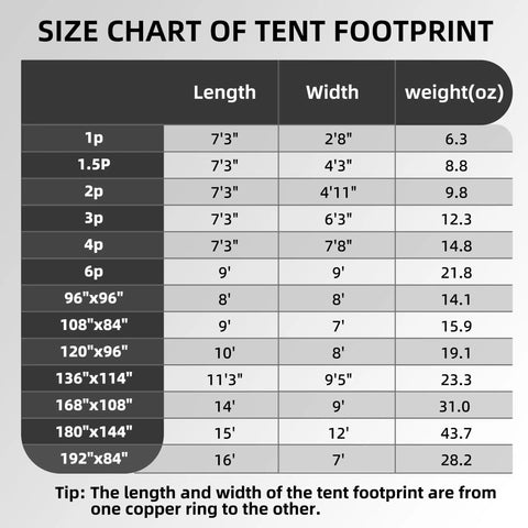 Size chart for Tent Footprint Ground Cloth Waterproof Tarp For Camping And Backpacking Ultralight Ground Sheet Mat.