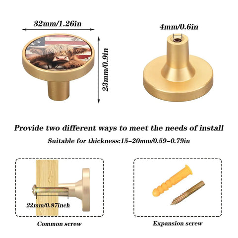 Four Pack Gold Cabinet Knob Pulls With Cool Round Design For Drawers, Cabinets And Walls, showing size and installation options
