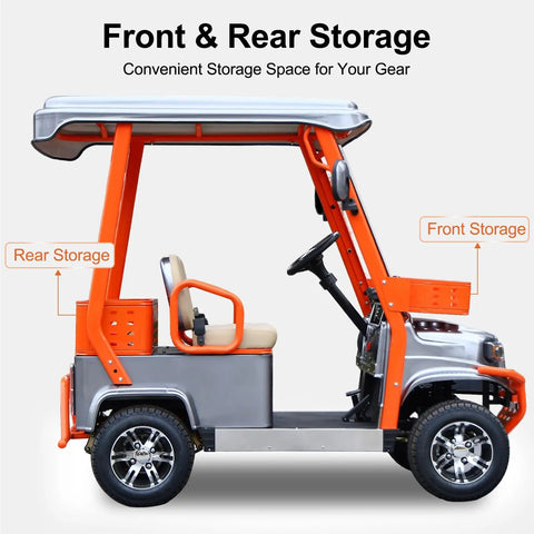 Heavy Duty Electric Golf Cart For Adults With 1800W Motor And 60V Battery Featuring Fixed Canopy Weather Guard with front and rear storage.