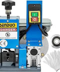 Front view of Automatic Wire Stripper Machine with 60 Feet Per Minute Speed, 110V motor, safety gloves and roller accessory.