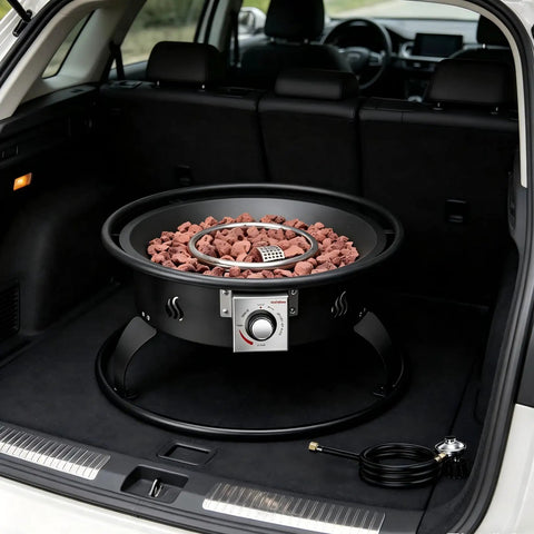 Outdoor Propane Fire Pit 22 Inch Smokeless Portable Fireplace With 12 Foot Hose And Lava Rocks in car trunk