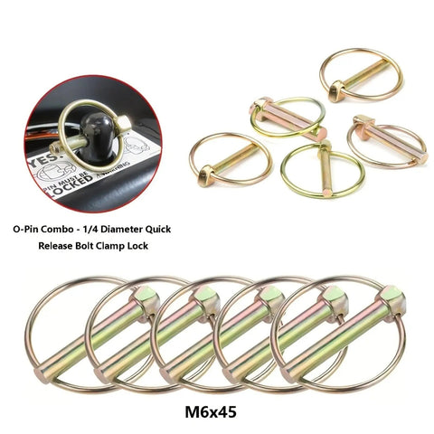 O-Ring Lynch Pin Set 50-Piece Steel Quick-Release Pins for Tractors and Trailer Hitches, shown in various angles and close-up.
