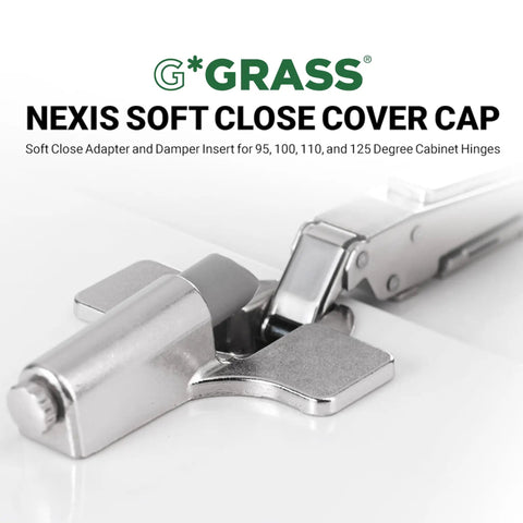 4 Pack Nexis No Slam Soft Close Cover Caps For 95 100 110 And 125 Degree Cabinet Hinges Quiet Door Damper Insert And Soft Close Adapter For Smooth Noise Free Closings. Grass Nexis hinge cap shown