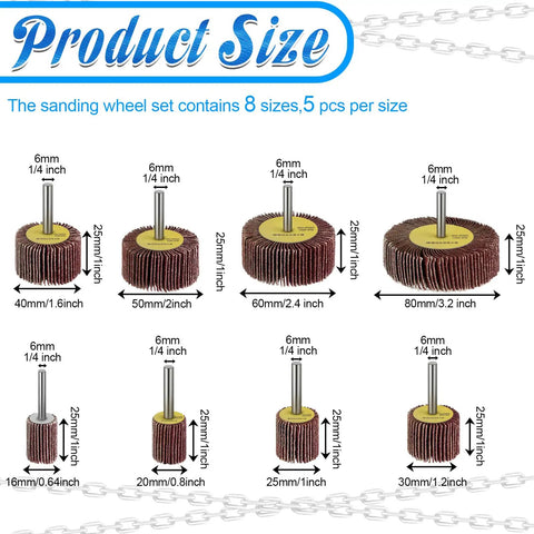40 Pack 80 Grit Aluminum Oxide Flap Wheels Set For Drill with different size specifications shown