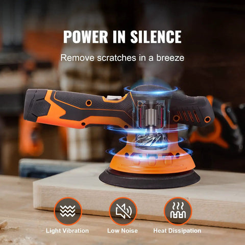 Cordless 6 Inch Random Orbital Polisher For Cars 5200 RPM shown on a wooden surface, highlighting low noise and heat dissipation features.