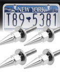 Hella Tough Aluminum Alloy Spiked License Plate Screws Kit Includes Nuts And Washers Bold Anti Theft Bolts In Sleek Silver Finish group of four spiked bolts with license plate background