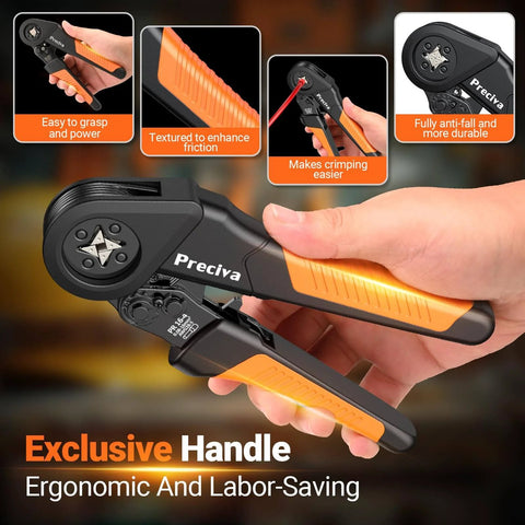 Self Adjusting Ratchet Ferrule Crimping Tool Kit Pro Grade With Quadrilateral Ferrule Crimper displayed with features and handle