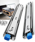 Beefy Locking Drawer Slides Full Extension Runners With Lock, chrome steel, shown with cabinet installation, steel ball bearings