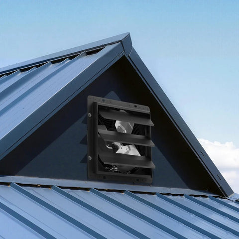 10 Inch Wall Mounted Exhaust Fan With Variable Speed And Temperature Humidity Controller 1000 CFM installed on attic wall