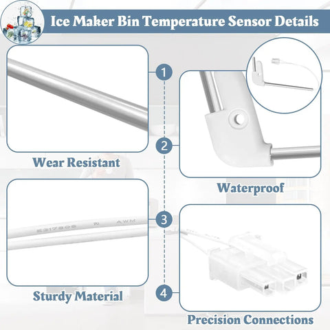 Ice Maker Bin Temperature Sensor Replacement For Whirlpool, metal probe close-up, waterproof and wear resistant