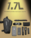 Oversized EVA Waterproof Bike Top Tube Frame Bag Phone Holder With 1.7L Capacity showcasing storage with accessories.