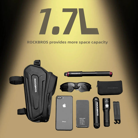 Oversized EVA Waterproof Bike Top Tube Frame Bag Phone Holder With 1.7L Capacity showcasing storage with accessories.