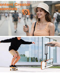 Woman using MagSafe Tripod Hook With Magnetic Back And Arca-Swiss Base in urban setting, man filming skateboarder with phone stand.