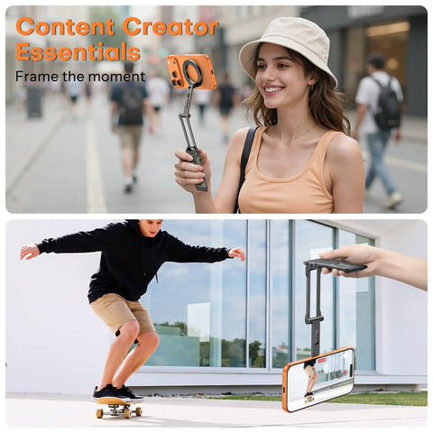 Woman using MagSafe Tripod Hook With Magnetic Back And Arca-Swiss Base in urban setting, man filming skateboarder with phone stand.