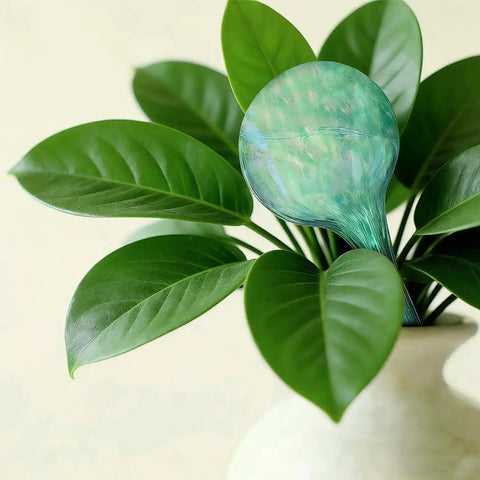 Green glass watering globe in plant showing Six Pack Colorful Glass Plant Watering Globes For Indoor Pots And Outdoor Hanging Plants Self Watering Bulbs For Vacation Plant Care No Fuss Drip Irrigation System Easy Garden Patio Watering Solution.