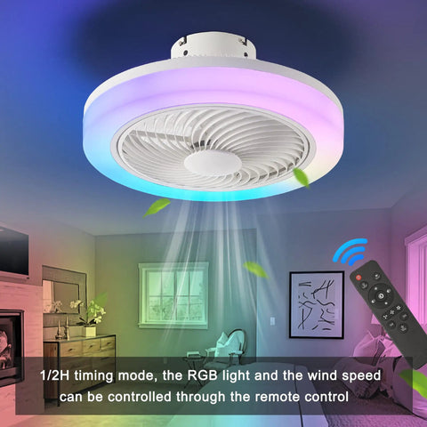 18 Inch Bladeless Ceiling Fan With Light And Remote For A Cool Bedroom Vibe, displaying LED light and remote control in a room.
