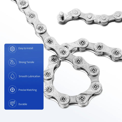 Heavy Duty Hollow Link Bike Chain For Road BMX Mountain Bikes 21 24 27 Speed Compatibility 116 Links Rust Resistant Steel Chain Built To Last Through Tough Trails displayed with features highlighted.
