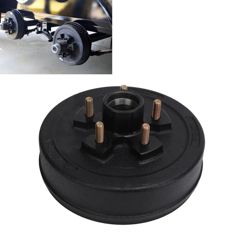 Top Shelf 10 Inch Heavy Duty Trailer Brake Hub Drum Assembly for 3500 lb Axles, showcasing the five on 4.5 bolt pattern.