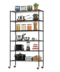 Beefy Six Tier Rolling Wire Shelf On Wheels For Garage And Home, Heavy Duty Steel Rack With 18 x 45 x 82 Inches Capacity, Black Finish, Smooth Mobility, Easy Assembly, Durable Storage Unit used as a kitchen storage shelf with cookware and pantry items