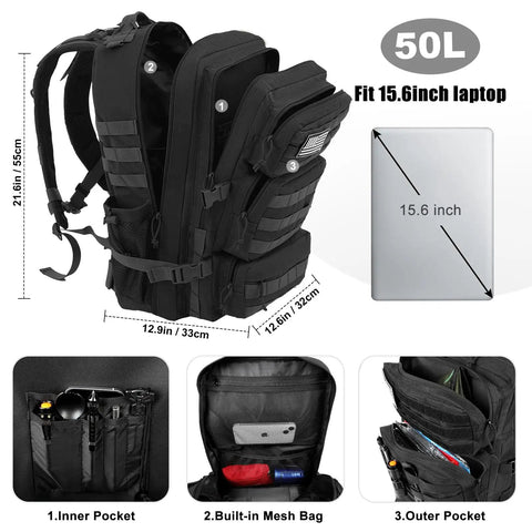 50L Military Tactical Backpack For Men With Molle System Large Daypack 3 Day Assault Pack Bug Out Bag Water Resistant Heavy Duty Hiking Rucksack Durable Black With Padded Back Comfort And Reinforced Stitching Built To Last with compartments open for gear organization illustration