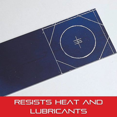 Kleenscribe Layout Dye Quick Dry Blue For Clean Metal Surfaces 4 Oz Bottle with scribed lines on metal, resists heat and lubricants.