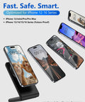 Fast Magnetic Wireless Charger Stand For iPhone 12 Through 17 Series With MagSafe, multiple phones displayed on stand.