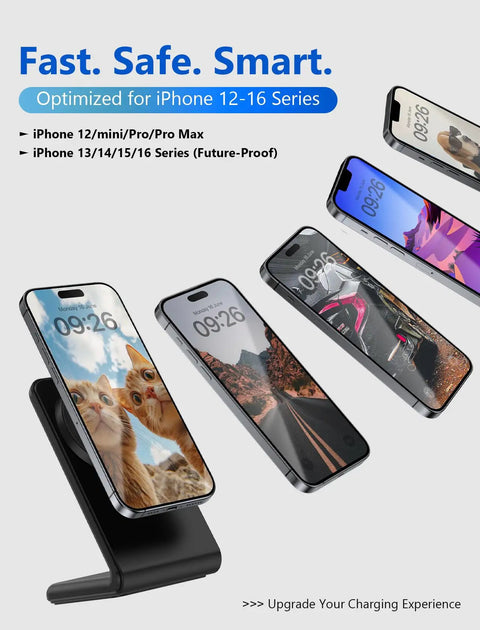 Fast Magnetic Wireless Charger Stand For iPhone 12 Through 17 Series With MagSafe, multiple phones displayed on stand.