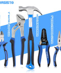 Hand tools from 174 Piece Go-To Home Repair Tool Kit With 14 Inch Large Mouth Storage Tool Bag, including pliers and hammer.