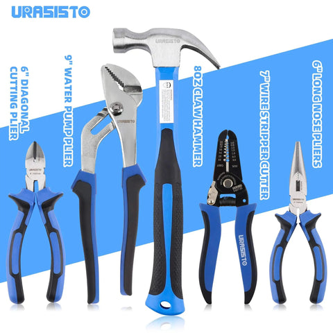 Hand tools from 174 Piece Go-To Home Repair Tool Kit With 14 Inch Large Mouth Storage Tool Bag, including pliers and hammer.