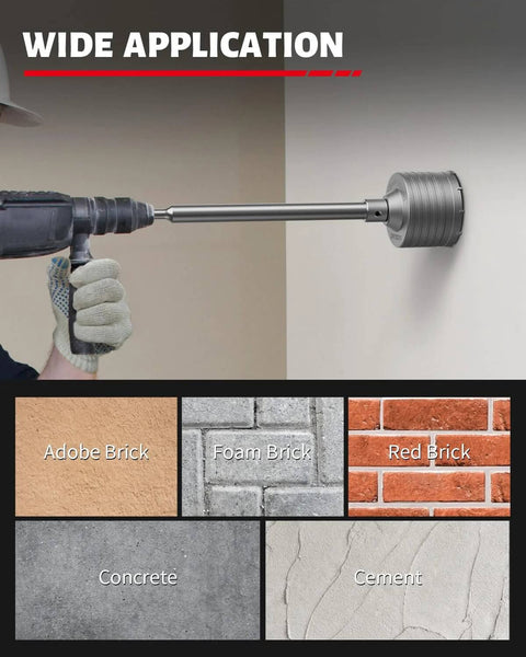 DAYDOOR 10-piece masonry hole saw kit with SDS adapters drilling into wall; brick and concrete swatches shown.