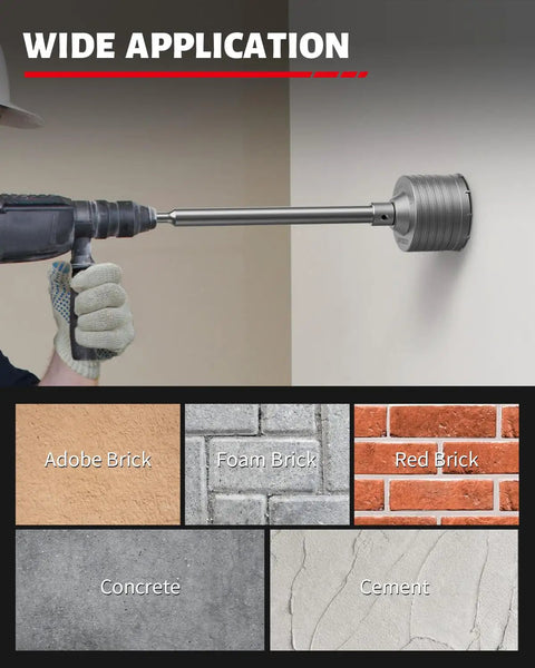 Wide application of Concrete Hole Saw Kit 10 Piece With SDS Plus And SDS Max Shank Adapters, various wall surfaces shown