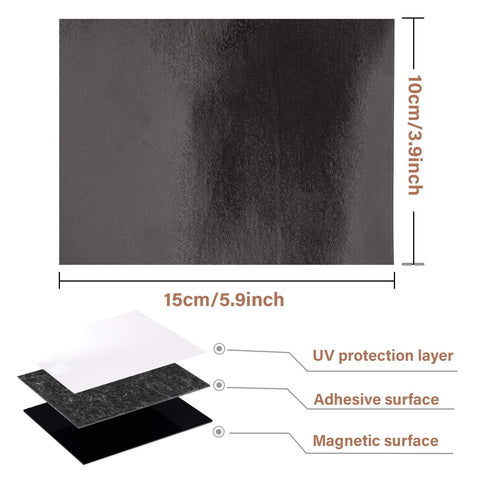 Flexible Magnetic Sheets With Self Adhesive Backing dimensions, layers including UV protection layer, adhesive and magnetic surfaces, 10 pack