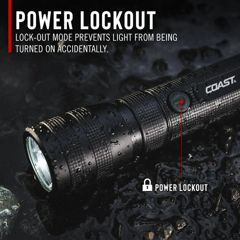 G60R 1000 Lumen Waterproof Rechargeable LED Flashlight Two Pack With Power Lockout feature on wet surface indoors or outdoors