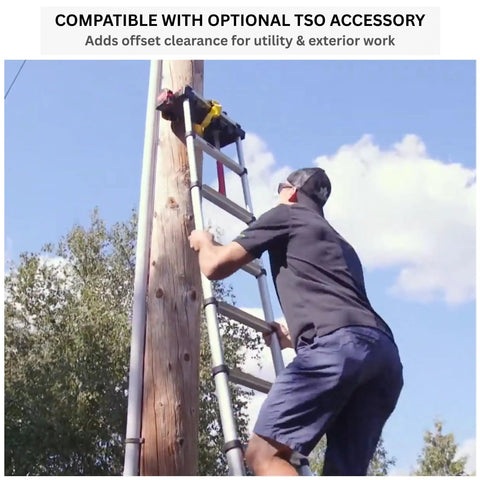 Pro Series Wide Step Telescoping Extension Ladder With 14.5 Foot Height And 18 Foot Reach, Type 1A 300 Pound Rated, Pro Grade For Commercial Roof Access And Industrial Maintenance, used on utility pole