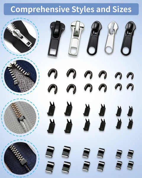 Zipper Repair Kit For Jackets, Coats, Backpacks, Luggage And More, 159-Piece Universal Zipper Fix Kit With Replacement Sliders, Pull Tabs