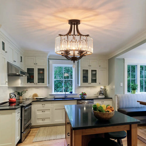 Modern Crystal Chandelier Four Lights Black Semi Flush Mount Ceiling Light Fixture in a bright kitchen setting.