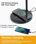 Close-up of wireless charging base of Gooseneck Desk Lamp With Wireless Charger And USB Port, smartphones charging on it.