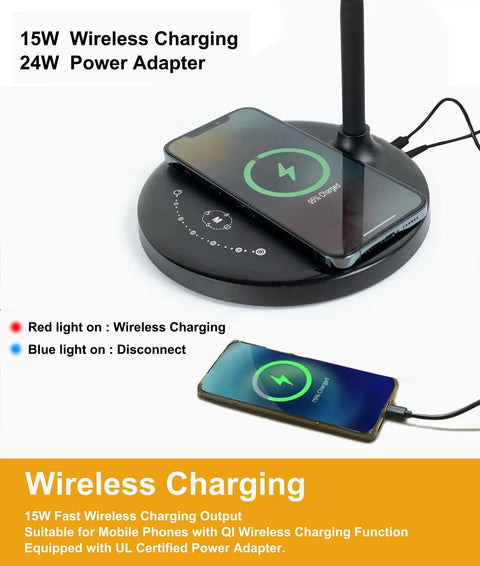 Close-up of wireless charging base of Gooseneck Desk Lamp With Wireless Charger And USB Port, smartphones charging on it.