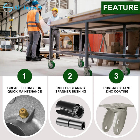 Heavy Duty 5 Inch By 2 Inch Caster Wheels Set Of 4 With Polyurethane On Aluminum Wheels Swivel Casters With Top Lock Brakes For Easy Locking And Maneuverability 4400 Lbs Load Capacity When Used As A Set Green shown on workshop equipment